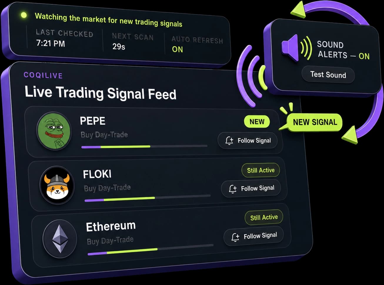 CoqiLive continuously updated Trading Signal feed with new-signal alerts and Follow Signal controls